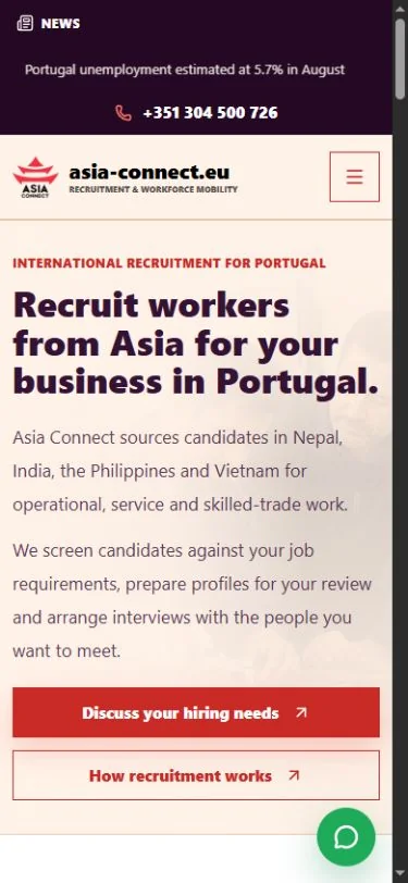 Asia Connect Europe: Pagina principală pe telefon