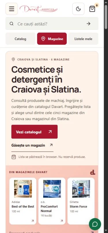 Davart: Pagina principală pe telefon