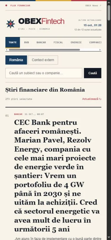 OBEX Fintech: Pagina principală pe telefon