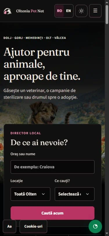 Oltenia Pet Net: Pagina principală pe telefon