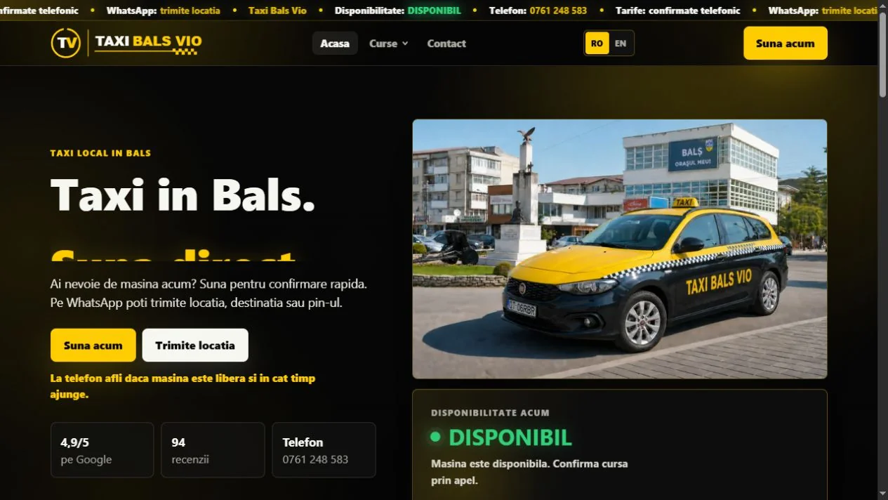 Taxi Balș Vio: pagina principală pe desktop