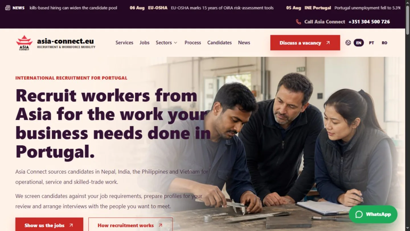 Site Asia Connect Europe pentru recrutare internațională